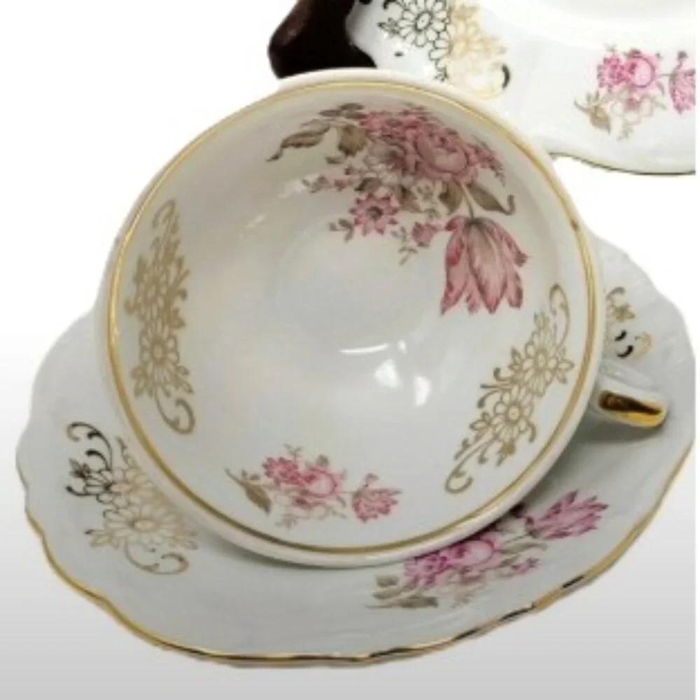 Bareuther Gilded Tea Trio 3-Piece Vintage 1931-1950 Pink Rose Pattern